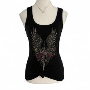 Harley Davidsonson Biker Y2K Grunge Black Fitted 100%Cotton Tank Top Full Length